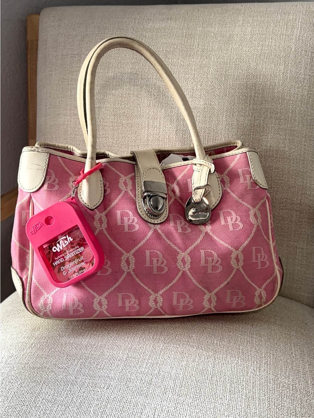 Dooney & Bourke Pink Canvas Shoulder Bag with Cream Trim
